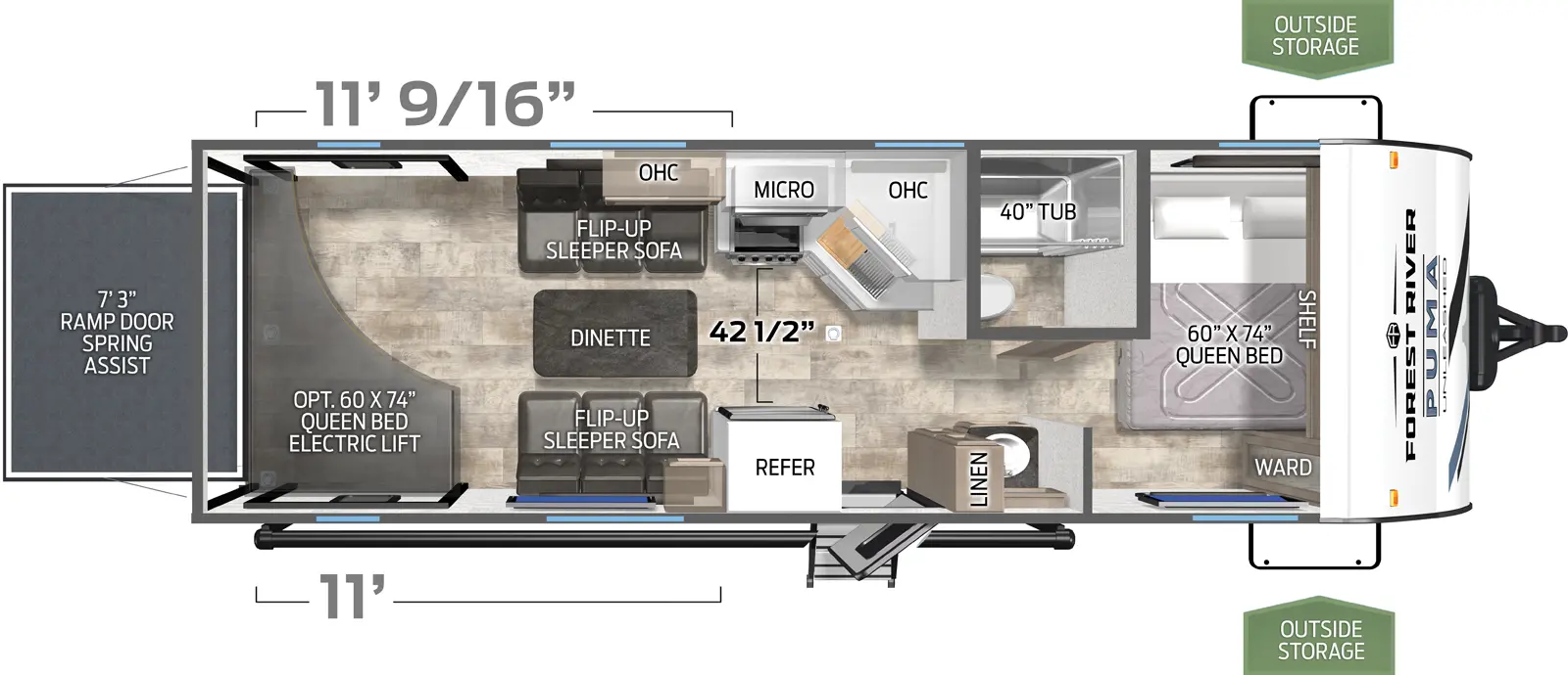 The Puma Unleashed 25TH floorplan is a toy hauler that has one entry and zero slide outs. Exterior features include: metal exterior and 17' awning. Interiors features include: front bedroom.